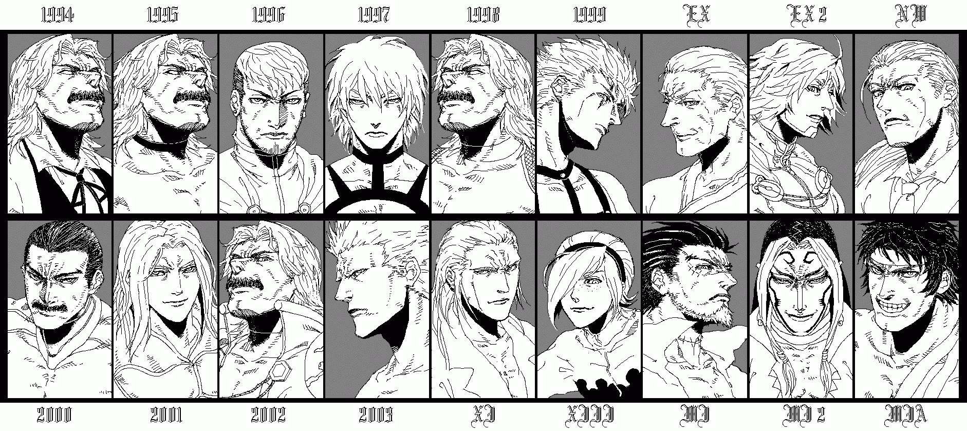 6+boys, aged_down, ash_crimson, boss, duke_(kof), geese_howard, goenitz, greyscale
