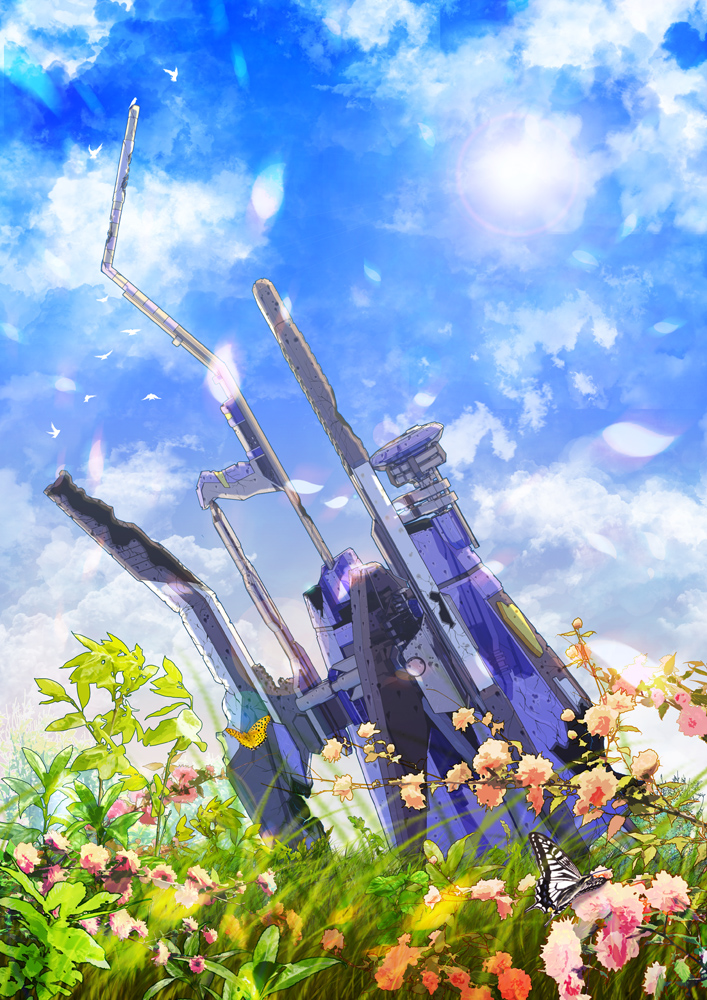 bad_id, bad_pixiv_id, bird, blue_sky, bug, butterfly, cloud, damaged, day, flower, from_below, grass, insect, key-chang, kinei, lens_flare, mecha, no_humans, petals, robot, sega, sky, spacecraft, starfighter, sun, thunder_force, thunder_force_v