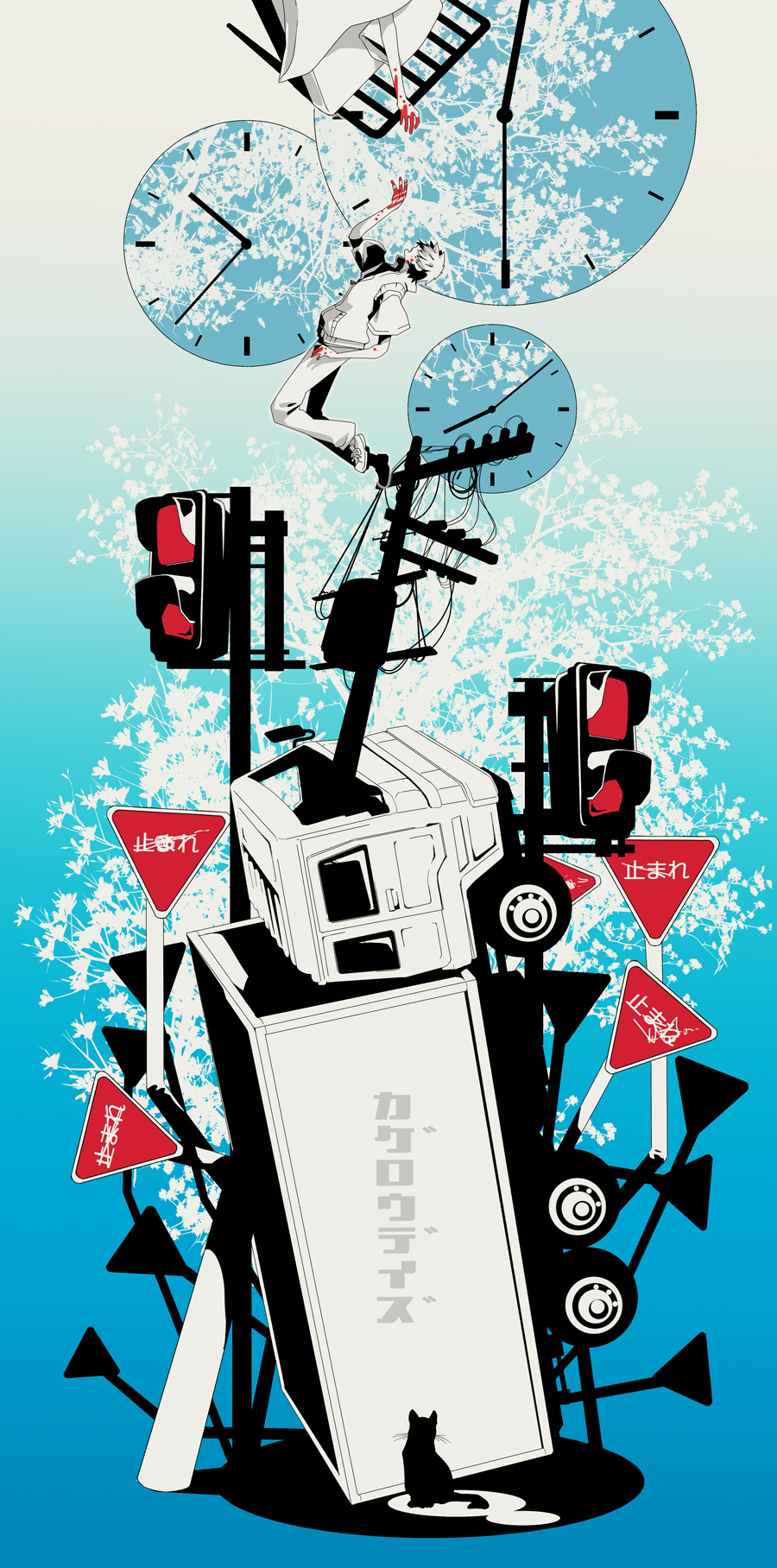 1boy, 1girl, amamiya_hibiya, bed, blanket, blood, blood_on_hands, blue_background