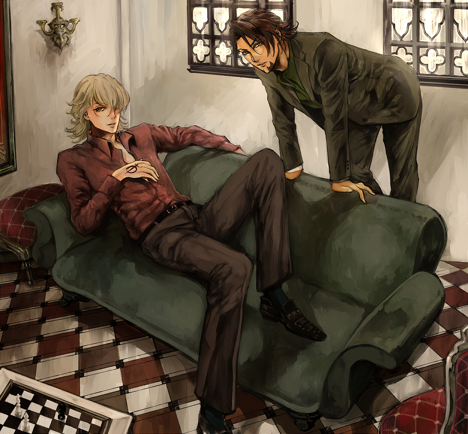 10s, 2boys, barnaby_brooks_jr., blonde_hair, board_game, brown_eyes, brown_hair, chair, chess, couch, facial_hair, formal_clothes, green_eyes, green_upholstery, kaburagi_t._kotetsu, male_focus, multiple_boys, ourobunny, red_upholstery, scenery, stubble, suit, tattoo, tiger_&amp;_bunny, tile_floor, tiles, yuzupon_(asakawa)