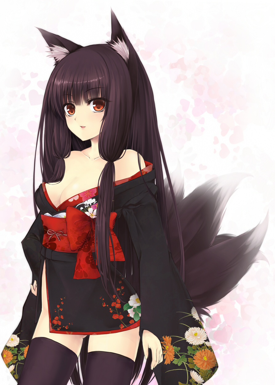 1girl, animal_ears, bare_shoulders, black_hair, black_thighhighs, female_focus, fox_ears, fox_tail