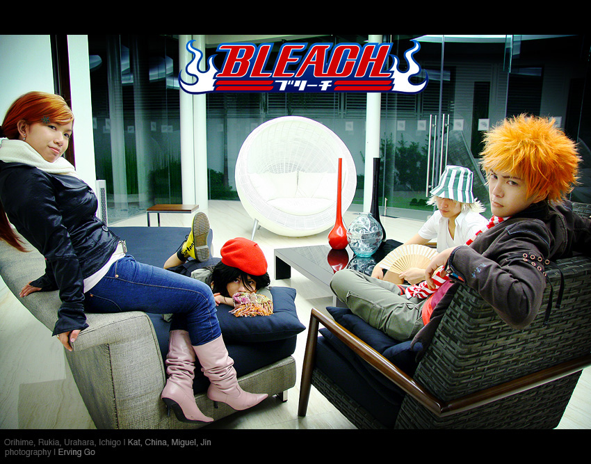 2boys, 2girls, alternate_costume, behindinfinity, black_eyes, black_hair, bleach, blonde_hair, boots, character_name, copyright_name, cosplay, cosplay_photo, denim, hat, indoors, inoue_orihime, inoue_orihime_(cosplay), jeans, kuchiki_rukia, kuchiki_rukia_(cosplay), kurosaki_ichigo, kurosaki_ichigo_(cosplay), logo, long_hair, looking_ahead, looking_at_viewer, lying, multiple_boys, multiple_girls, orange_hair, pants, photo_(medium), plant, scarf, shoes, sitting, sneakers, spiked_hair, striped_clothes, striped_scarf, table, urahara_kisuke, urahara_kisuke_(cosplay)