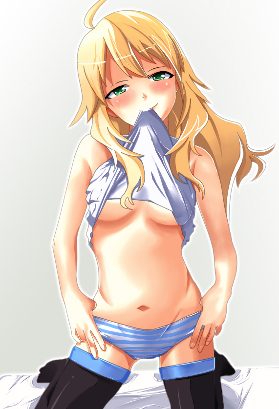 1girl, ahoge, bad_id, bad_pixiv_id, blonde_hair, breasts, clothes_lift, female_focus