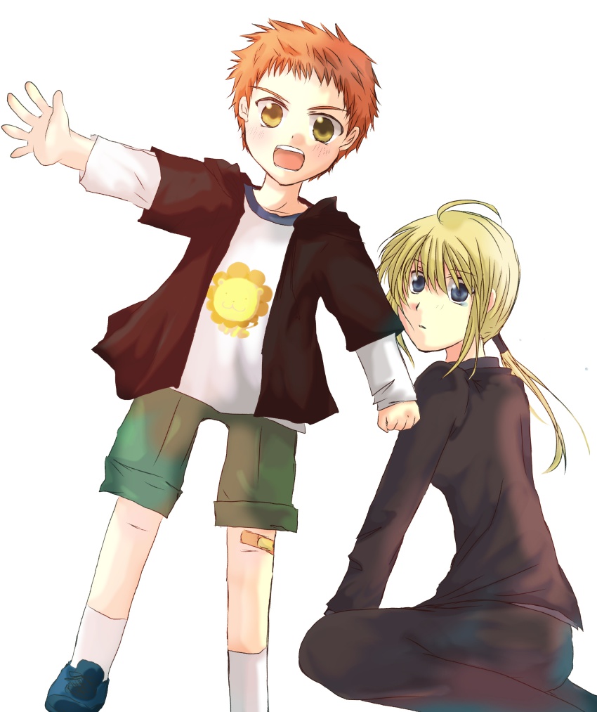 absurdres, aged_down, ahoge, artoria_pendragon_(fate), bandaid, blonde_hair, blue_eyes, emiya_shirou, fate/zero, fate_(series), formal_clothes, highres, hood, hoodie, minami_to_uri_to, orange_hair, ponytail, saber_(fate), short_hair, shorts, socks, suit, tears, yellow_eyes