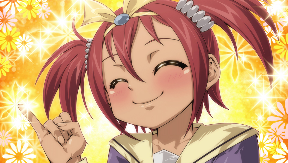 1girl, ^_^, blush, closed_eyes, female_focus, floral_background, flower, hair_between_eyes, hair_ornament, hair_ribbon, hairband, happy, lazward, light_smile, orange_background, pinky_out, portrait, red_hair, ribbon, school_uniform, serafuku, short_hair, short_twintails, smile, solo, sparkle, tan, twintails, yasuda_uria, yu-gi-oh!, yu-gi-oh!_5d's, yu-gi-oh!_tag_force