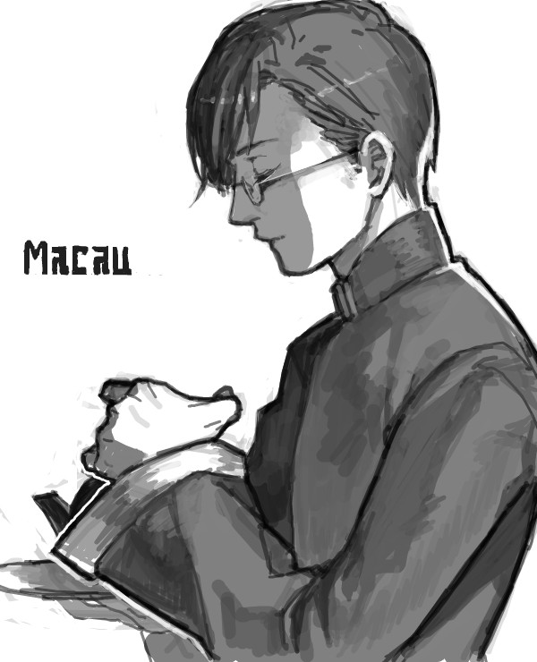 1boy, axis_powers_hetalia, chinese_clothes, glasses, macau_(hetalia), madoi_(artist), male_focus, monochrome