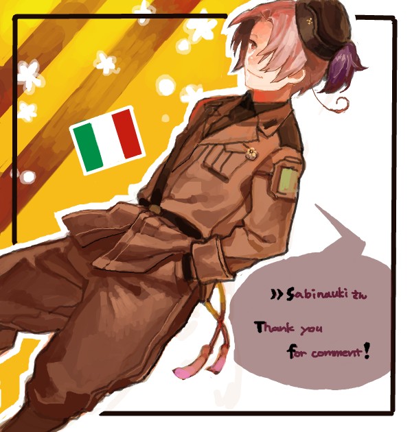 1boy, ahoge, alternate_color, axis_powers_hetalia, brown_hair, flag, hand_in_pocket, hat