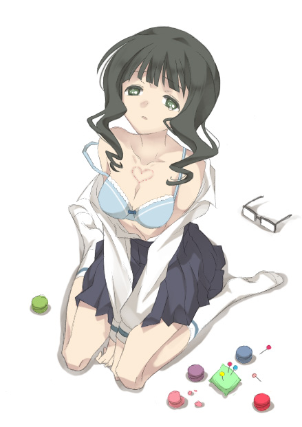 10s, 1girl, bad_id, bad_pixiv_id, black_rock_shooter, bra, breasts, cleavage