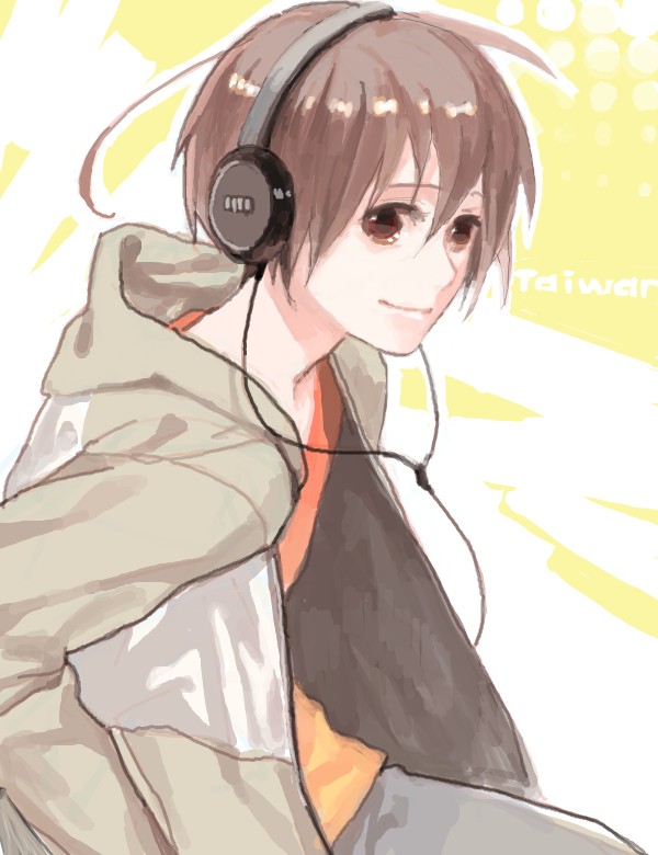 1boy, ahoge, axis_powers_hetalia, brown_eyes, brown_hair, flower, gender_request, genderswap, hair_flower, hair_ornament, headphones, hood, hoodie, long_hair, madoi_(artist), male_focus, smile, solo, taiwan, white_background