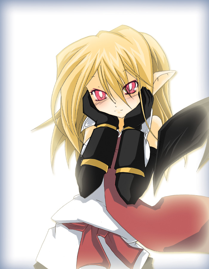 1girl, adell_(disgaea), adell_(disgaea)_(cosplay), blonde_hair, blush, cosplay, costume_switch, disgaea, female_focus, makai_senki_disgaea_2, nippon_ichi, pointy_ears, red_eyes, rozalin, smile, solo