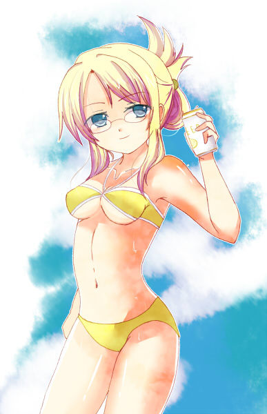1girl, bare_shoulders, bikini, blonde_hair, blue_eyes, blush, breasts, can, cleavage, dia_(luminous_arc), drink, female_focus, glasses, luminous_arc, luminous_arc_2, miyako_(mongcocoa), navel, smile, solo, swimsuit
