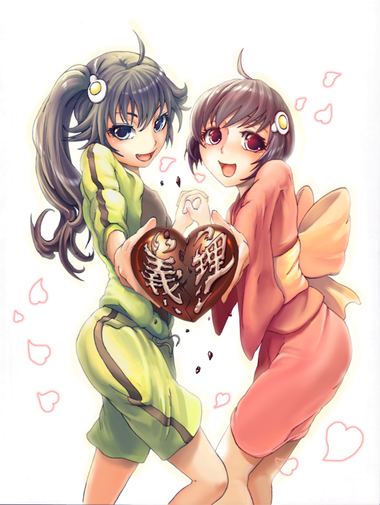 10s, 2girls, araragi_karen, araragi_tsukihi, asymmetrical_hair, black_hair, blue_eyes, fang