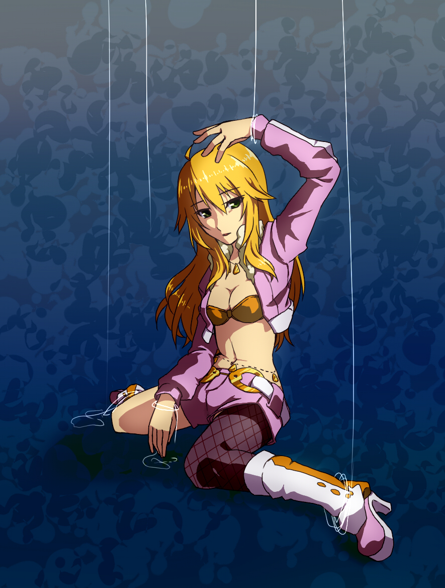 1girl, ahoge, bad_id, bad_pixiv_id, belt, blonde_hair, boots, breasts, cleavage, female_focus, fishnet_pantyhose, fishnets, green_eyes, hoshii_miki, idolmaster, idolmaster_(classic), jacket, jewelry, konnyaku_kyuudai, long_hair, luxury_(idolmaster), marionette, medium_breasts, midriff, navel, necklace, pantyhose, pantyhose_under_shorts, puppet, shorts, single_leg_pantyhose, sitting, solo, string