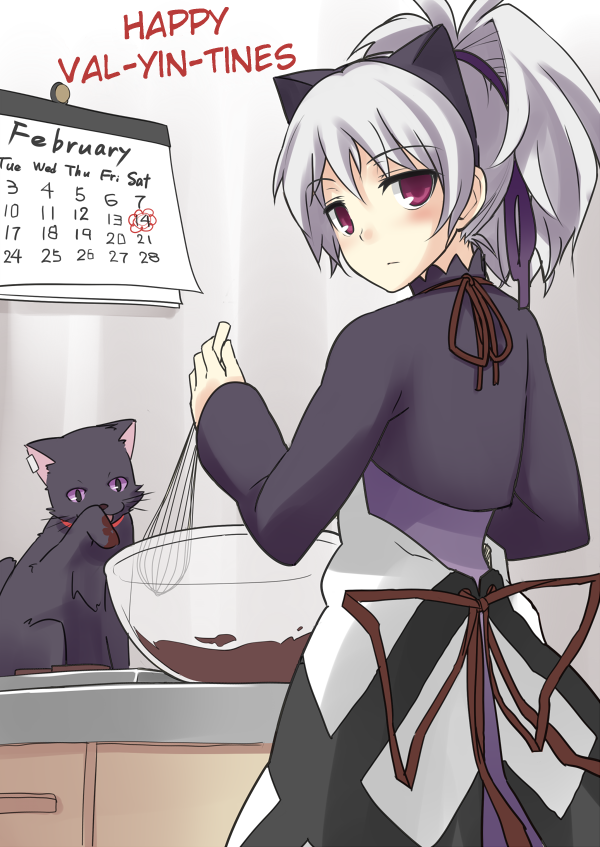 animal_ears, apron, baking, black_cat, calendar, calendar_(object), cat, cat_ears