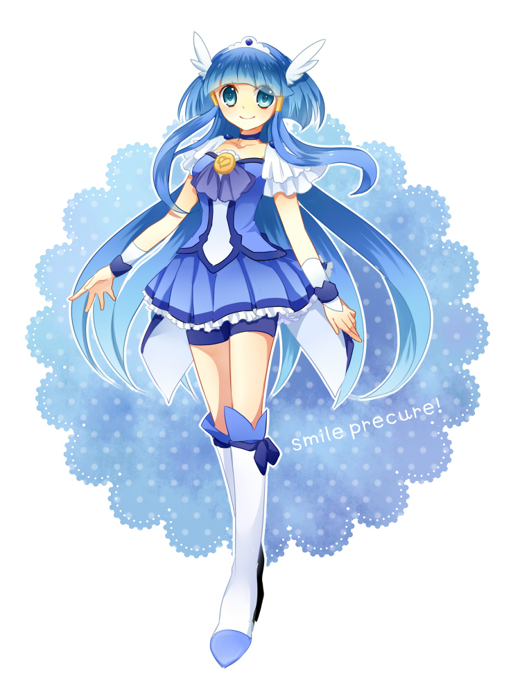 10s, 1girl, aoki_reika, bike_shorts, bike_shorts_under_skirt, blue_dress, blue_eyes, blue_hair, blue_skirt, blue_theme, boots, copyright_name, cure_beauty, dress, female_focus, hair_tubes, head_wings, knee_boots, long_hair, magical_girl, matching_hair/eyes, multiple_girls, precure, shorts, shorts_under_skirt, skirt, smile, smile_precure!, sodacyandy, solo, tiara, wings
