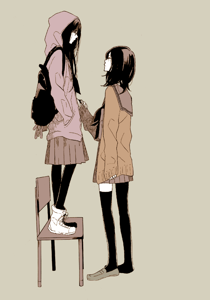 2girls, animification, backpack, bad_id, bad_pixiv_id, bag, black_hair, black_legwear