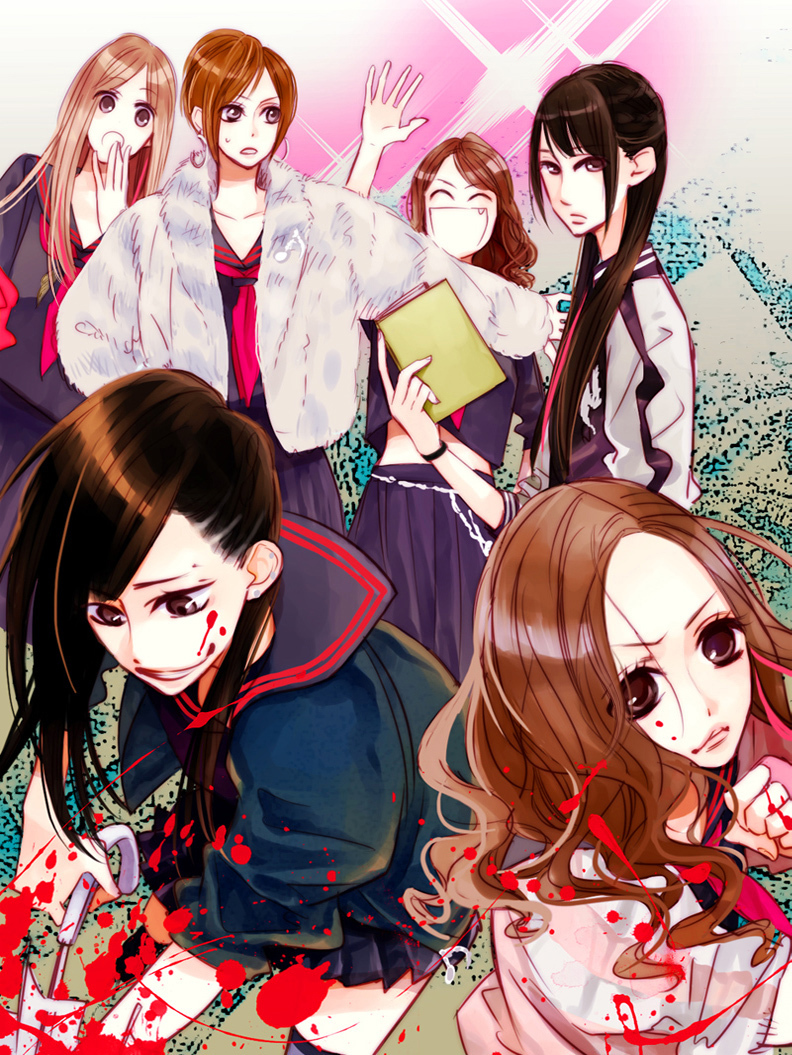 6+girls, akb48, animification, bad_id, bad_pixiv_id, black_(majisuka_gakuen), black_hair, blood