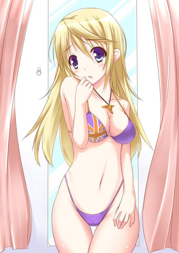 10s, 1girl, aosi_(wasabiranzy), bad_id, bad_pixiv_id, bikini, blonde_hair, cameltoe, charlotte_dunois, commission, curtains, dressing_room, female_focus, flag_print, flag_print_bikini, highleg, highleg_bikini, infinite_stratos, jewelry, long_hair, mirror, necklace, pendant, print_bikini, purple_eyes, solo, swimsuit, union_jack