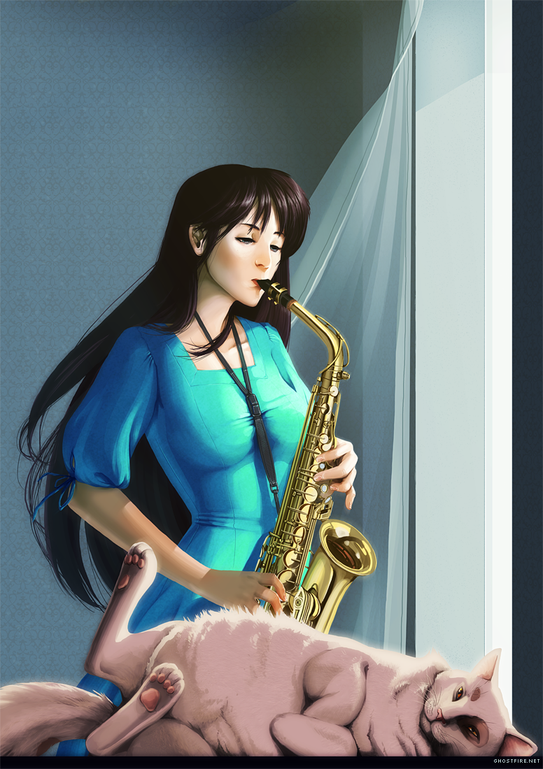 1girl, ayukawa_madoka, blue_eyes, brown_hair, cat, dress, female_focus, instrument, jingoro_(cat), julia_lichty, kimagure_orange_road, lips, long_dress, long_hair, realistic, saxophone, solo