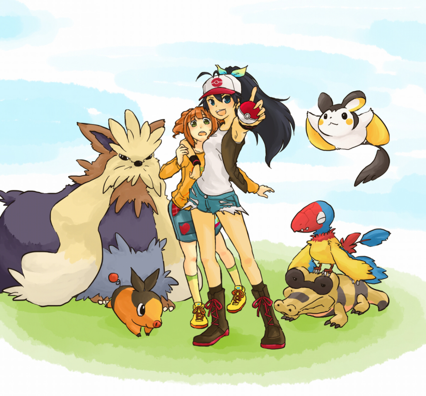 2girls, archen, baseball_cap, bird, black_hair, boots, cosplay, crocodile, crocodilian, crossover, denim, denim_shorts, emolga, flying, ganaha_hibiki, gen_5_pokemon, hat, hilda_(pokemon), hilda_(pokemon)_(cosplay), holding, holding_poke_ball, idolmaster, idolmaster_(classic), kome-me, long_hair, miniskirt, mouse_(animal), multiple_girls, nintendo, orange_hair, poke_ball, pokemon, ponytail, sandile, shorts, skirt, socks, stoutland, takatsuki_yayoi, tepig, twintails, vest