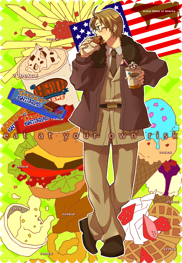 1boy, ahoge, america_(hetalia), american_flag, axis_powers_hetalia, bad_id, bad_pixiv_id, blonde_hair, bomber_jacket, burger, candy, chocolate, chocolate_bar, commentary_request, cow, eating, flag, food, french_fries, fruit, glasses, ice_cream, jacket, male_focus, mashed_potatoes, military, military_uniform, onion_rings, revision, serico_(salyut), solo, strawberry, united_states, waffle