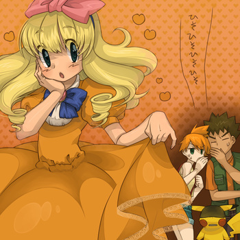 1girl, 2boys, ash_ketchum, ashley_(pokemon), blonde_hair, bow, brock_(pokemon), brown_hair