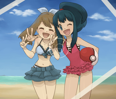 00s, 2girls, alternate_hairstyle, ball, beach, beachball, bikini, blue_eyes