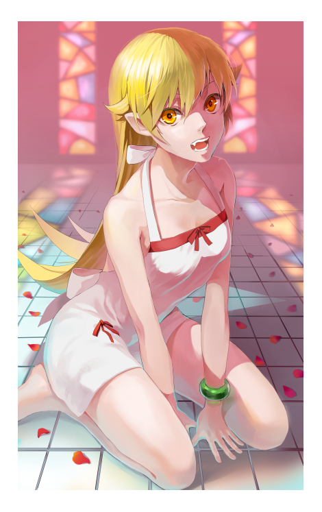 10s, 1girl, bare_shoulders, barefoot, blonde_hair, bracelet, dress, fang