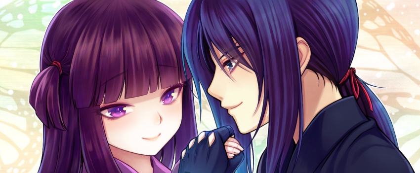 00s, 1boy, 1girl, basilisk_(manga), blue_eyes, blue_hair, blunt_bangs, byuune, close-up, couple, eye_contact, gloves, happy, hetero, holding_hands, hotarubi, light_smile, looking_at_another, ponytail, purple_eyes, purple_hair, side_ponytail, yashamaru