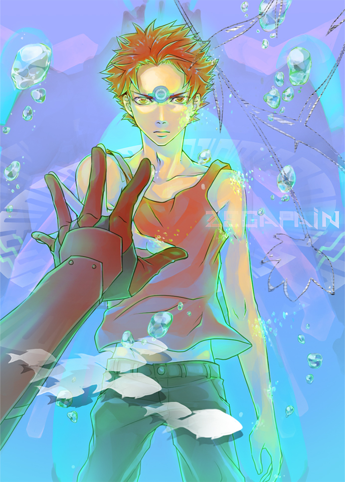 1boy, fish, kurosawa_tomo, male_focus, outstretched_hand, red_hair, sogoru_kyou, solo