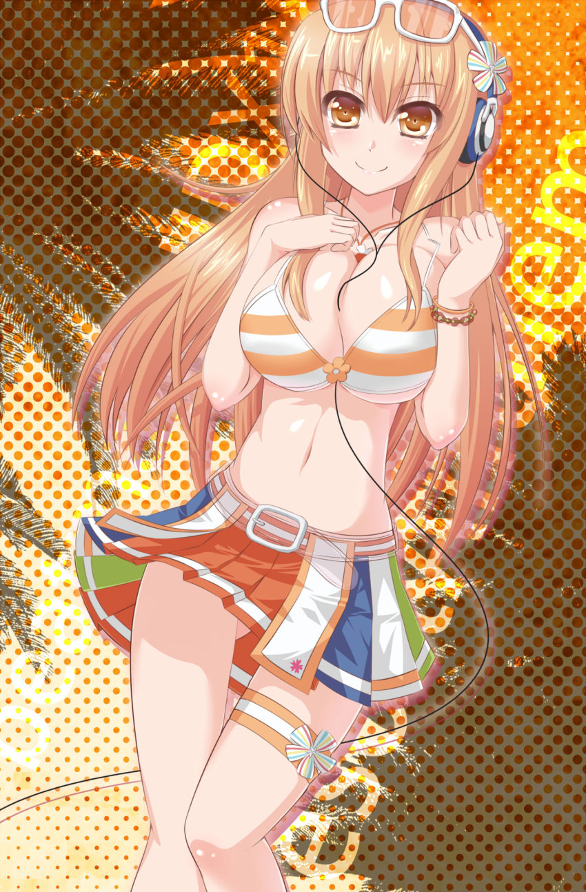 1girl, beatmania_iidx, beatmania_iidx_18_resort_anthem, bemani, between_breasts, bikini, bikini_top_only, blonde_hair, bracelet, breasts, eyewear_on_head, female_focus, frilled_thigh_strap, glasses, hair_ornament, hand_on_own_chest, headphones, highres, huge_breasts, jewelry, long_hair, megawatt, navel, necklace, orange_eyes, pleated_skirt, skirt, smile, solo, standing, swimsuit, thigh_gap, thigh_strap, thighs, umegiri_iroha