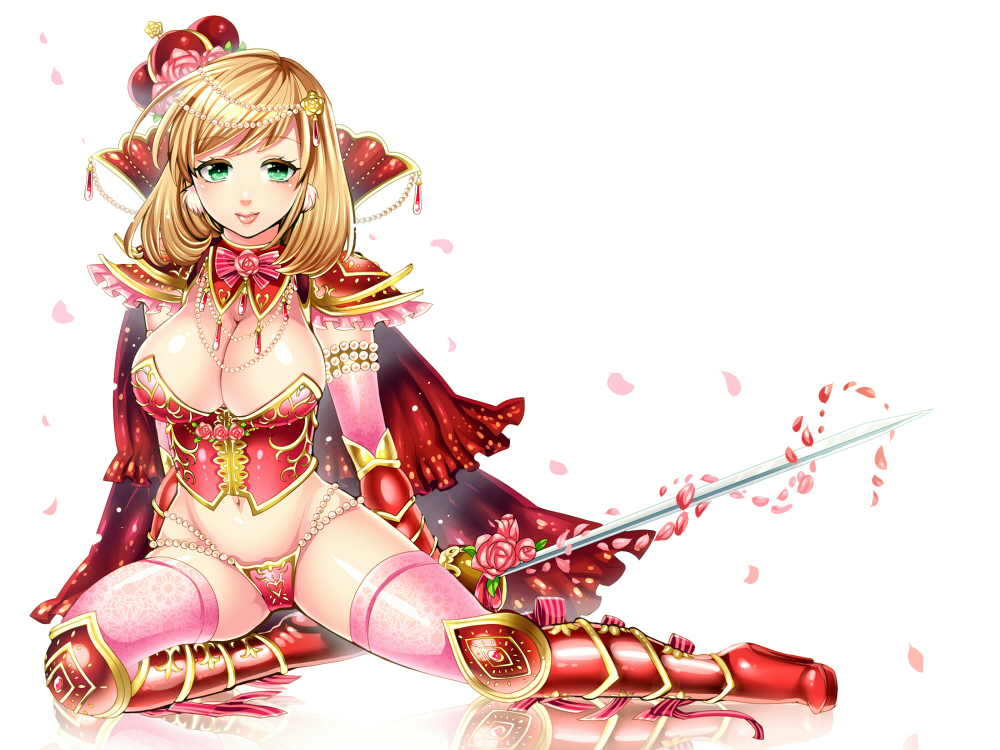1girl, bad_id, bad_pixiv_id, blonde_hair, boots, breasts, cape, cleavage