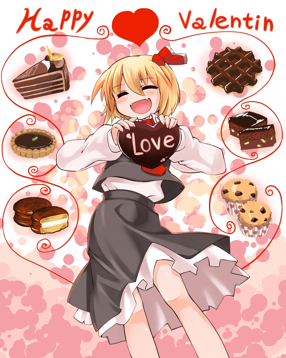 1girl, b-q, blonde_hair, blush, cake, chocolate, dress, embodiment_of_scarlet_devil