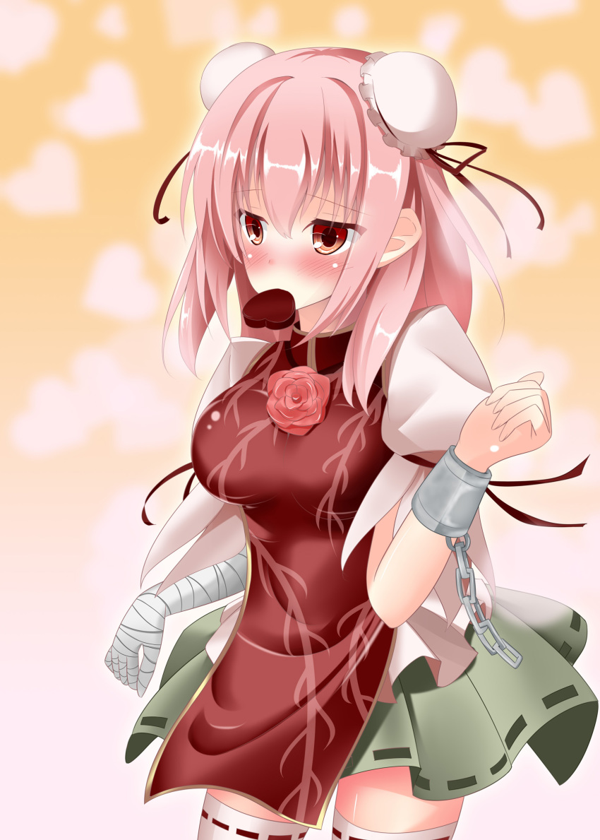 1girl, absurdres, bad_id, bad_pixiv_id, bandages, blush, chain, chocolate