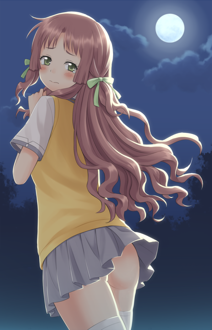 10s, 1girl, ano_natsu_de_matteru, ass, blush, brown_hair, clothes_lift, cloud