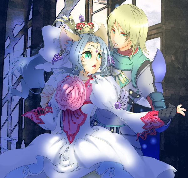 1boy, 1girl, agarte_lindblum, animal_ears, aqua_eyes, armor, blonde_hair, blue_hair, crown, eye_contact, flower, green_eyes, indoors, looking_at_another, milhaust_selkirk, tales_of_(series), tales_of_rebirth, window
