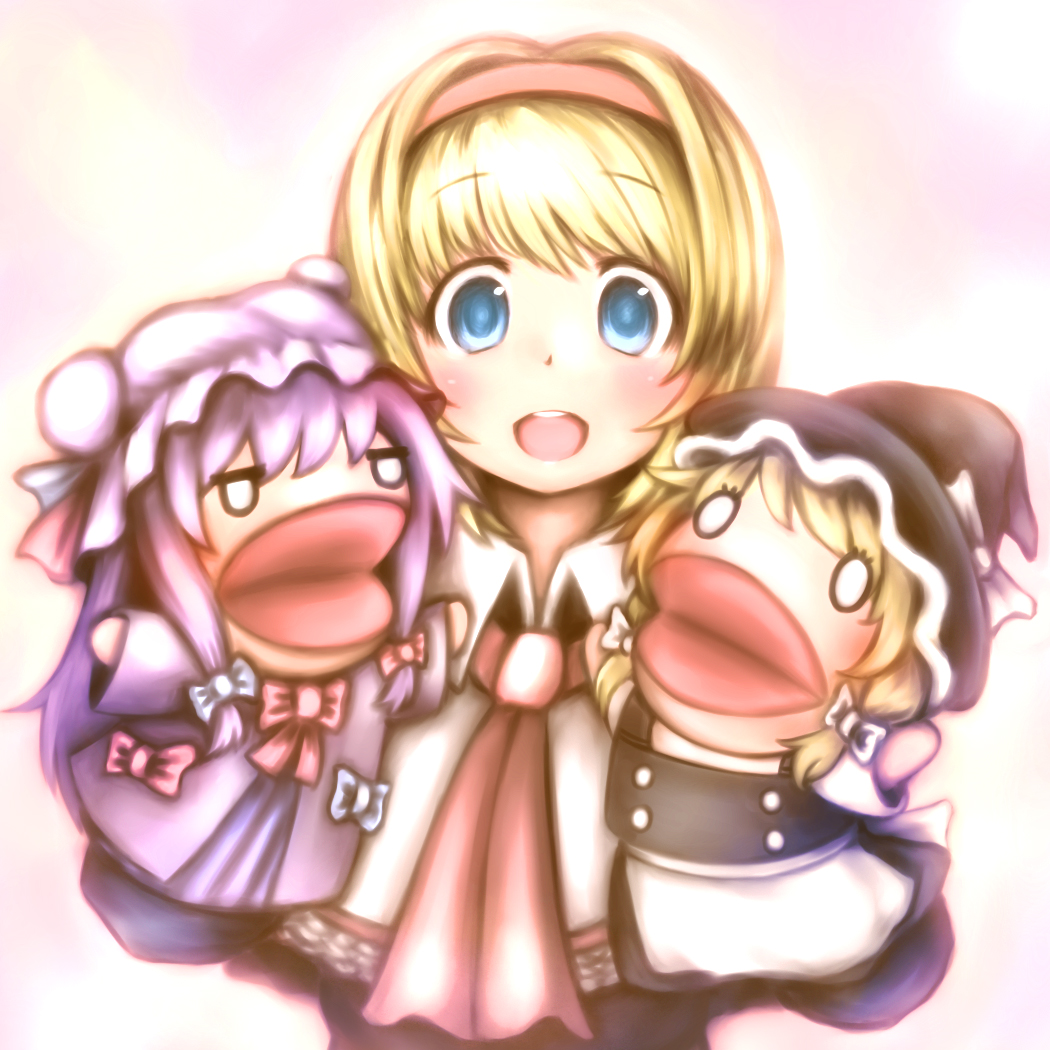 1girl, alice_margatroid, apron, blonde_hair, blue_eyes, blush, bow, capelet, character_doll, coat, doll, dress, female_focus, hair_ribbon, hairband, hand_puppet, hat, kirisame_marisa, long_hair, o_o, open_mouth, patchouli_knowledge, puppet, purple_dress, purple_hair, ribbon, short_hair, shuu_(sirokumasabu), solo, touhou, witch, witch_hat