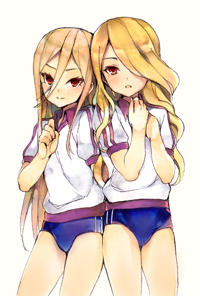 2boys, afuro_terumi, androgynous, bad_id, bad_pixiv_id, blonde_hair, buruma, crossdressing, crossdressing_(mtf), gym_uniform, hair_over_one_eye, hinano_kinsuke, inazuma_eleven, inazuma_eleven_(series), inazuma_eleven_go, long_hair, male_focus, multiple_boys, red_eyes, simple_background, smile, time_paradox, tokio_neo, trap, white_background