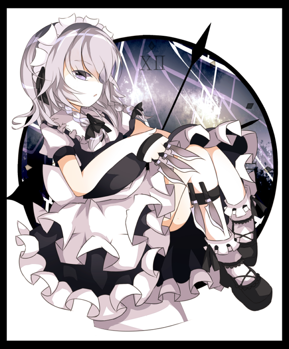 1girl, braid, clock, female_focus, grey_eyes, izayoi_sakuya, knife, maid