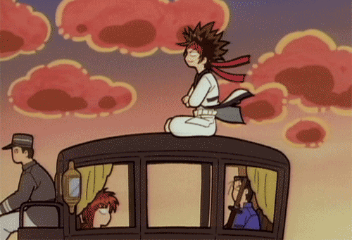 4boys, animated, animated_gif, himura_kenshin, lowres, male_focus, multiple_boys, poking, rurouni_kenshin, sagara_sanosuke, saitou_hajime, sarashi, sword, weapon