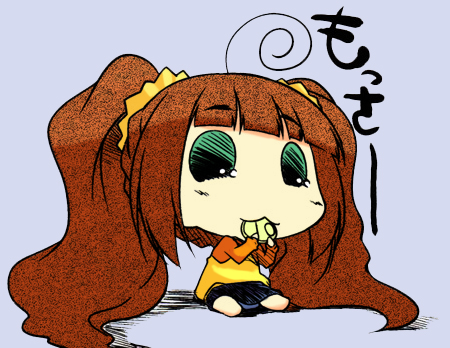 1girl, :3, ahoge, brown_hair, chibi, drawfag, female_focus, green_eyes