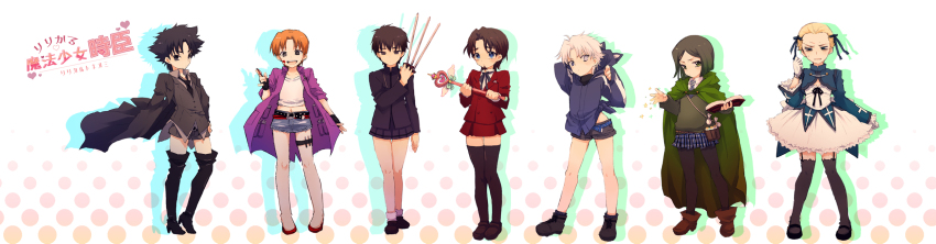 6+boys, aged_down, animal_ears, asami_(highway), black_eyes, black_hair, black_keys_(type-moon), black_legwear, blonde_hair, blood, blue_eyes, book, boots, brown_eyes, brown_hair, cape, cat_boy, cat_ears, denim, denim_shorts, dress, emiya_kiritsugu, facial_hair, fate/zero, fate_(series), garter_straps, gloves, goatee, green_eyes, heterochromia, high_heels, highres, hood, hoodie, kayneth_archibald_el-melloi, kotomine_kirei, legs, lyrical_nanoha, magic, magical_girl, mahou_shoujo_lyrical_nanoha, male_focus, mary_janes, matou_kariya, miniskirt, multiple_boys, necktie, orange_hair, pantyhose, parody, plaid_clothes, plaid_skirt, pleated_skirt, scalpel, shoes, short_hair, short_shorts, shorts, skirt, sparkle, stubble, tears, thigh_boots, thighhighs, title_parody, tohsaka_tokiomi, trap, uryuu_ryuunosuke, wand, waver_velvet, white_gloves, white_hair, zettai_ryouiki