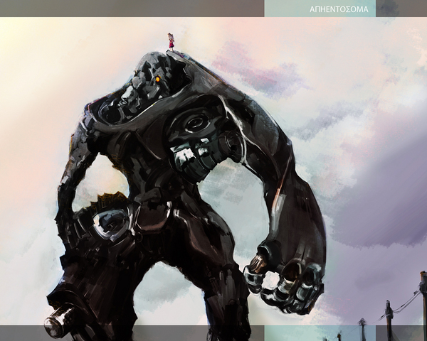 00s, 1boy, alien, argento_soma, frank_(argento_soma), gun, male_focus, mecha, no_humans, robot, solo, weapon