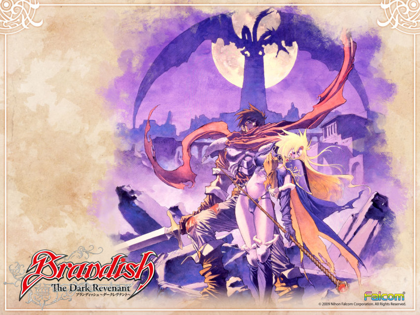 00s, 1boy, 1girl, 2009, ares_(brandish), armor, blonde_hair, boots