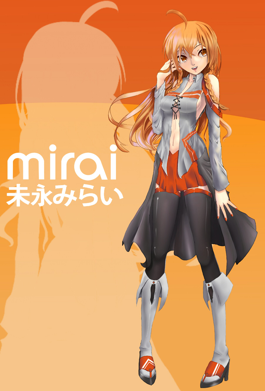 1girl, ahoge, boots, braid, breasts, clothing_cutout, culture_japan, des-arms