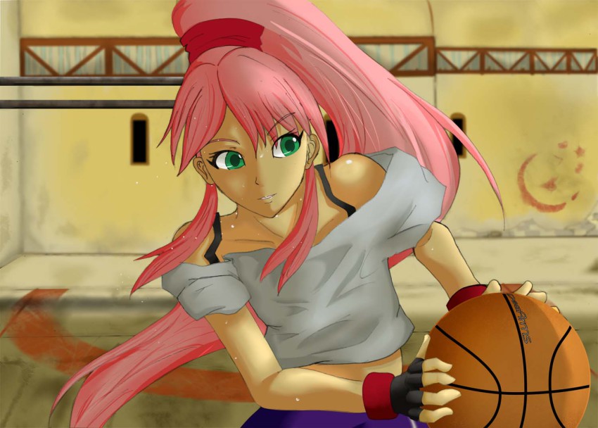 00s, 1girl, ball, bare_shoulders, basketball, basketball_(object), basquash!, crop_top