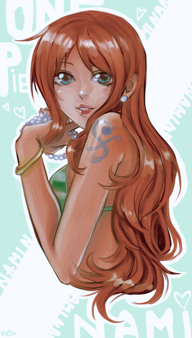 1girl, alternate_eye_color, aqua_eyes, bangle, bare_shoulders, bikini, bikini_top_only, bracelet, character_name, copyright_name, earrings, female_focus, green_bikini, jewelry, lips, long_hair, looking_at_viewer, nami_(one_piece), nami_(one_piece)_(return_to_sabaody), one_piece, orange_hair, parted_lips, shoulder_tattoo, solo, striped_bikini, striped_clothes, swimsuit, tattoo, upper_body, villainesayre, wavy_hair