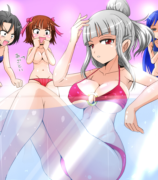 4girls, :o, amami_haruka, bathtub, bikini, blush, breast_envy, breasts, cleavage, empty_eyes, idolmaster, idolmaster_(classic), kikuchi_makoto, kisaragi_chihaya, large_breasts, long_hair, multiple_girls, navel, o-ring, o-ring_top, open_mouth, partially_submerged, red_bikini, red_eyes, shijou_takane, silver_hair, strap_gap, swimsuit, topless_female, uozumi_seiji, uozumi_seizi, very_long_hair, water