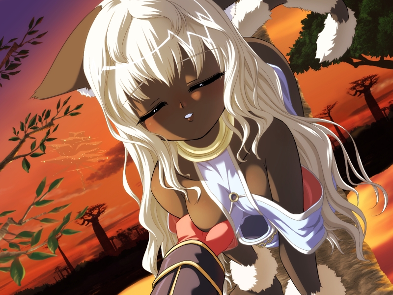 1girl, all_fours, animal_ears, blonde_hair, breasts, cannonball_~neko_neko_machine_mou-race!~, cat_ears, cat_tail, character_request, closed_eyes, dark_skin, dutch_angle, fur, game_cg, grabbing_another's_breast, groping, indoors, jewelry, koume_keito, liarsoft, long_hair, nacha_leavy_muses, necklace, official_art, outdoors, small_breasts, solo_focus, tail