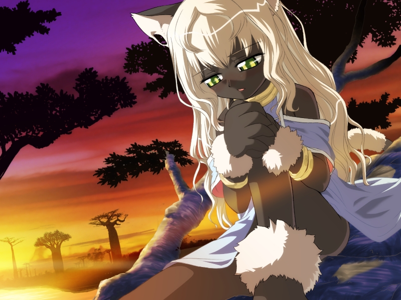 1girl, animal_ears, blonde_hair, blush, cannonball_~neko_neko_machine_mou-race!~, cat_ears, cat_tail, dark-skinned_female